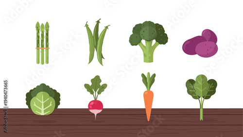 Colorful flat design assorted vegetables display on wooden surface
