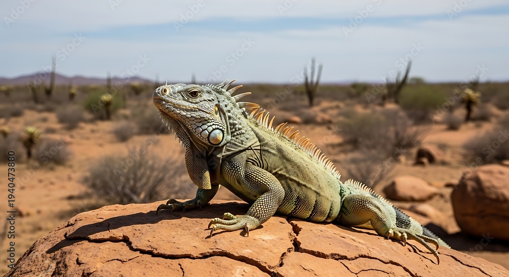Fototapeta premium A green iguana rests on a rock in a dry, desert landscape.