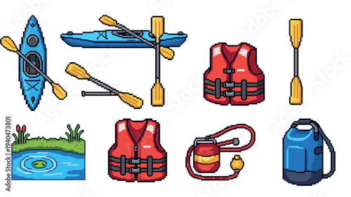 Pixel art kayaking gear set: paddles, life jackets, kayak, and outdoor essentials