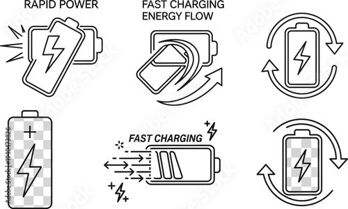 Collection of sleek line art vector icons illustrating rapid battery charging, power flow, and energy replenishment concepts for various electronic devices