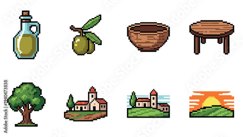 Pixel art icons of mediterranean items and landscapes