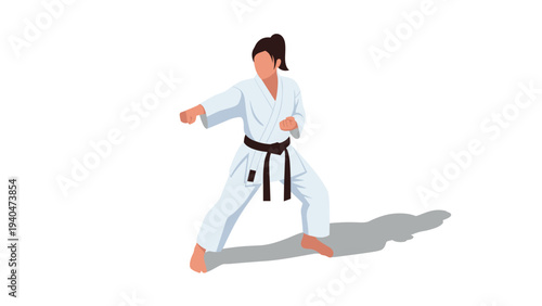 Karate practitioner in white gi performing a powerful punch in minimalist style