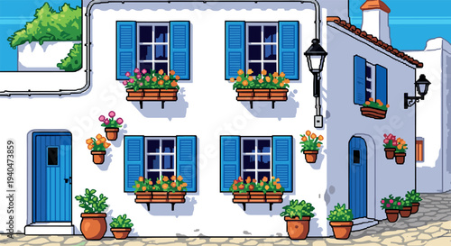 Charming mediterranean house with colorful flowers and blue shutters