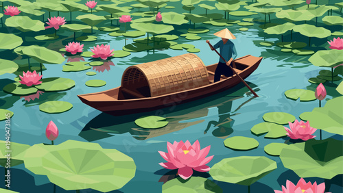 Serene scene of canoe among lotus flowers in reflective water landscape