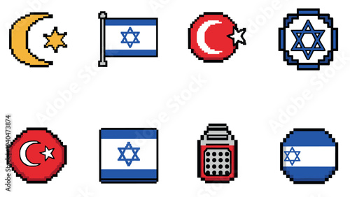 Pixel art symbols of turkey and israel featuring flags and cultural elements