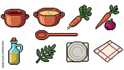 Pixel art cooking utensils and vegetables set