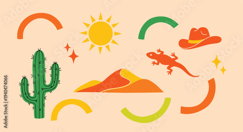 Vibrant desert scene with cactus sun lizard cowboy hat and sand dunes under a clear sky with decorative elements