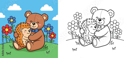 Cute cartoon brown teddy bear with a blue bow tie hugging a happy hedgehog on a grassy hill with colorful flowers, adorable children's vector illustration.