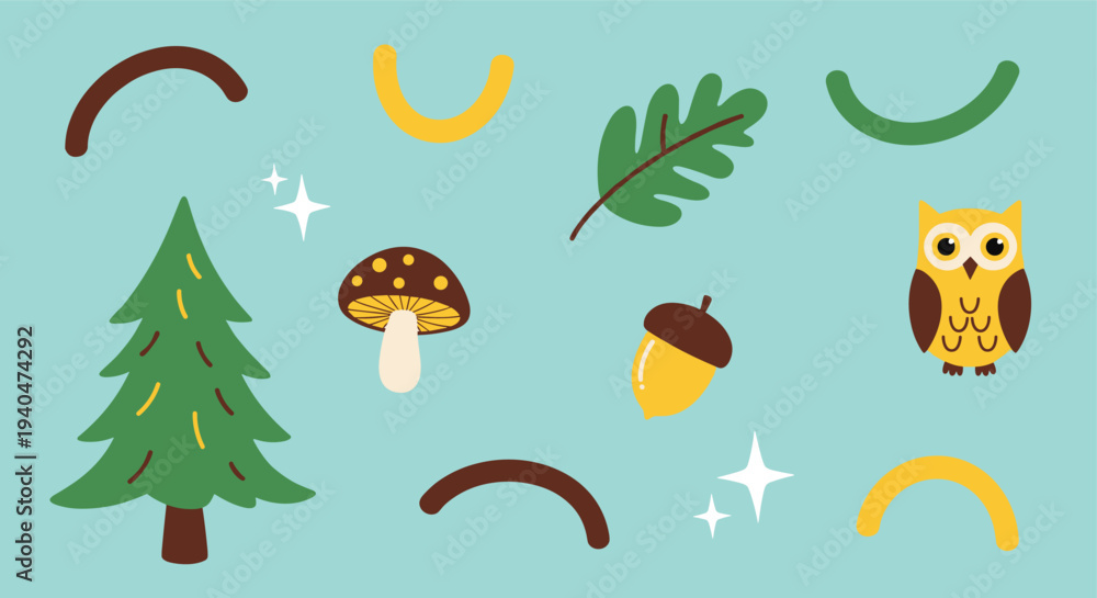 Fototapeta premium Whimsical Forest Elements Collection Featuring an Owl Mushroom Acorn and Pine Tree on a Teal Background