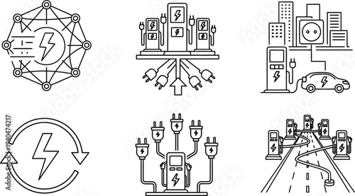 Collection of stylized electric vehicle charging station icons, representing modern sustainable energy infrastructure and technology