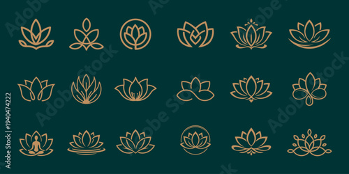 Elegant collection of minimalist golden lotus flower icons for spiritual wellness, yoga, and meditation design projects, symbolizing peace, beauty, and natural harmony across various branding elements