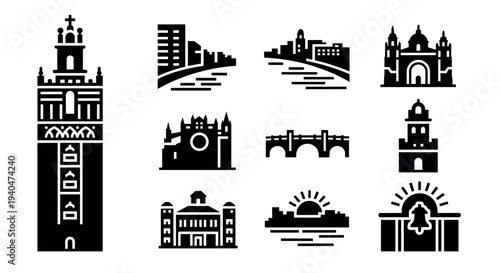 Iconic city landmarks in minimalist black silhouette style