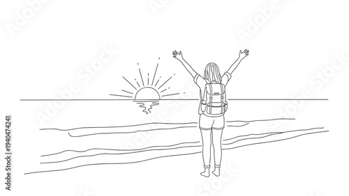 Minimalist beach sunrise: woman with backpack celebrating the view