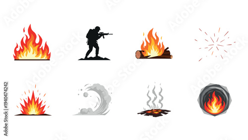 Set of explosive elements and natural forces in silhouette and flat design