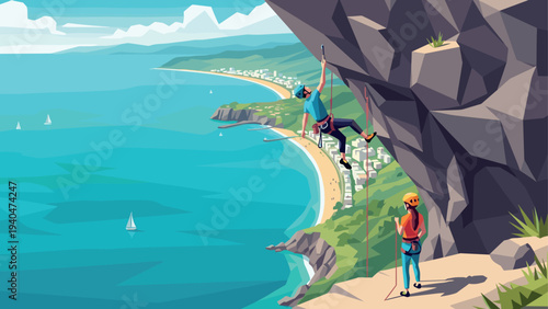 Adventurous rock climbing scene by the ocean with stunning landscape view