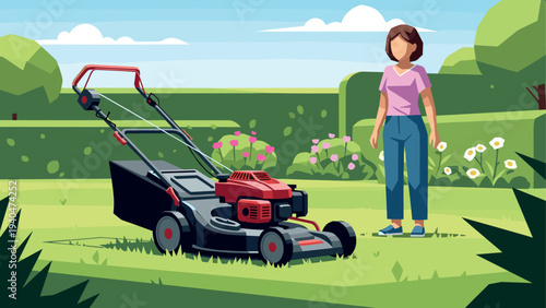 Gardening scene with lawn mower and woman in lush green backyard with clear blue sky