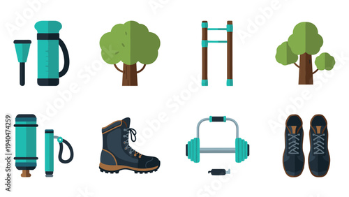 Outdoor adventure essentials: hiking and fitness gear icons