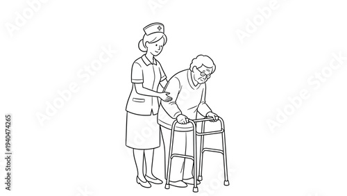 Caring nurse assists elderly woman with walker in line art style