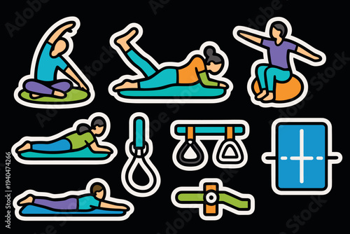 Fitness stickers: colorful cartoon exercise and yoga poses with equipment