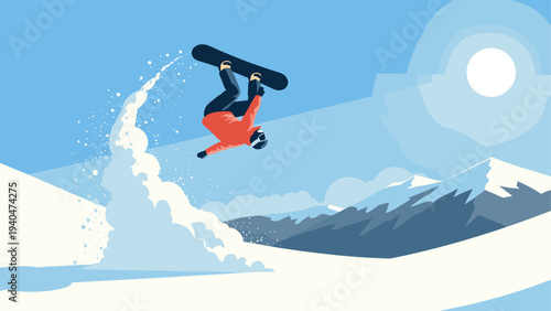 Snowboarder performing backflip on mountain in flat design style
