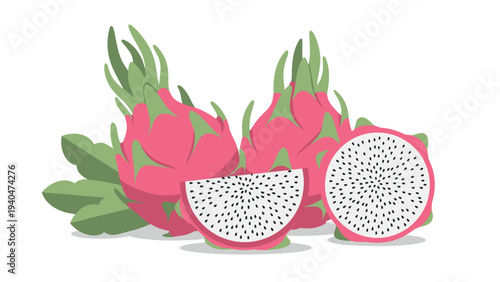 Vibrant dragon fruit composition with sliced pink and white pieces in flat style against white background