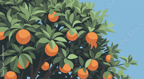 Vibrant orange tree with lush green leaves in a clear blue sky setting