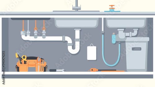 Modern plumbing tools and repair kit under kitchen sink