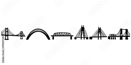 Global Bridges Silhouette Set: Suspension, Arch, Truss, and Cable-Stayed Engineering Icon Pack
