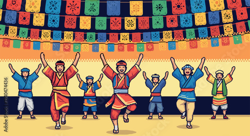 Colorful pixel art celebration with dancing characters and festive paper flags