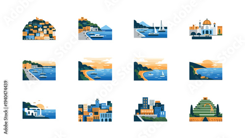 Coastal towns and landscapes: colorful miniature scenes of seaside architecture