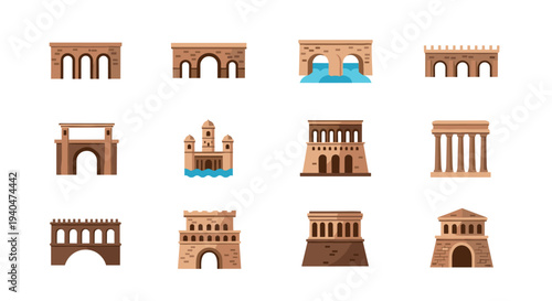 Ancient roman architecture icons collection: aqueducts, arches, and temples