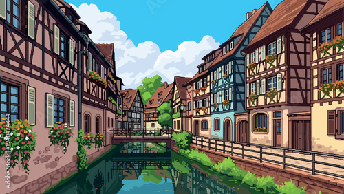 Charming european canal street in pixel art style reflecting quaint architecture and lush greenery