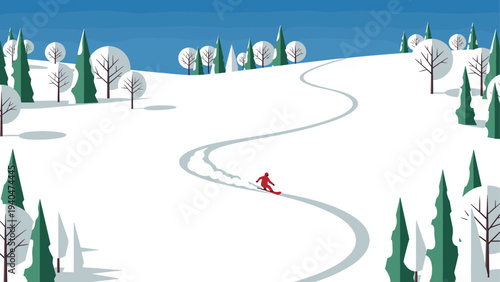Winter landscape with snowboarder on serene snowy mountain