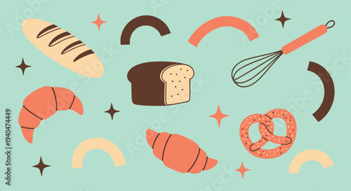 Whimsical Bakery Delights Assortment Featuring Croissants Bread and Pretzel on Pastel Blue Background with Star Accents