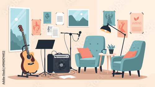 Cozy music studio setup with acoustics and instruments for modern home recording