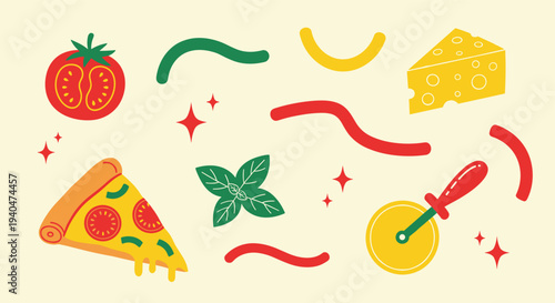 A delightful collection of pizza ingredients and a slice, presented with a playful, artistic flair on a light background