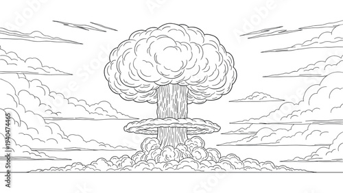 Hand drawn explosion with clouds and mushroom cloud in black and white
