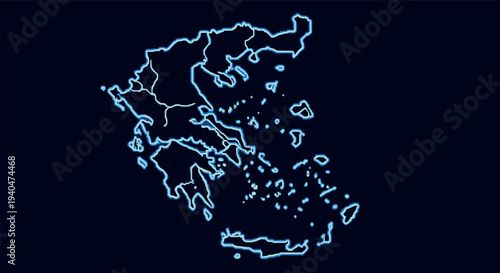 Glowing neon outline map of greece on dark background