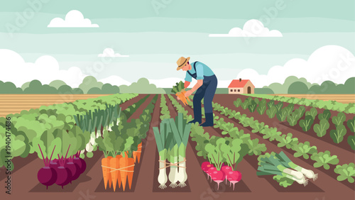 Farmer harvesting vegetables on a sunny day in a flat rural landscape