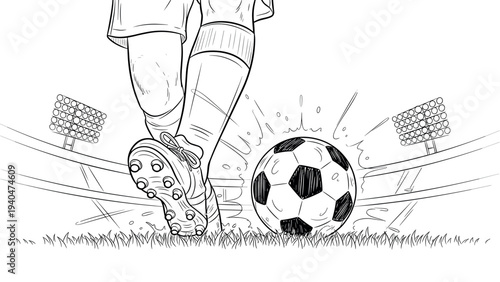 Soccer player kicking ball on field with stadium lights in background