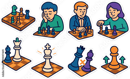 Colorful chess strategy stickers featuring players and winning moves