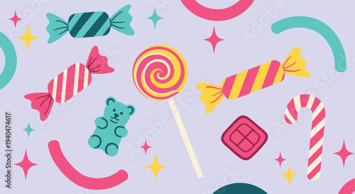 Whimsical Candy Assortment with Gummy Bears Lollipops and Wrapped Sweets on a Pastel Purple Background