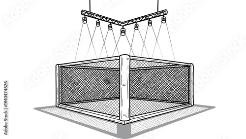 Hand drawn mma cage with overhead lighting in monochrome style