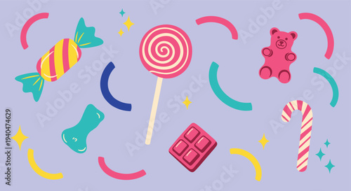A delightful assortment of colorful candies and sweets including a lollipop gummy bear chocolate bar and candy cane on a pastel background