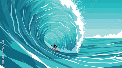 Surfer riding a giant wave in dynamic geometric artwork