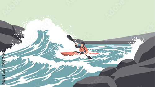 Kayaker navigating rough ocean waves among coastal rocks in flat design