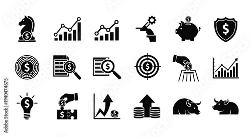 Business finance icons set including growth charts money symbols and investment targets on white background
