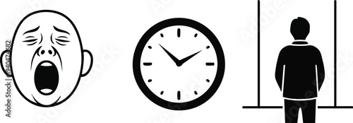 Modern Life Concept Silhouette Set: Yawning Face, Analog Wall Clock, and Person Standing in Doorway Icons