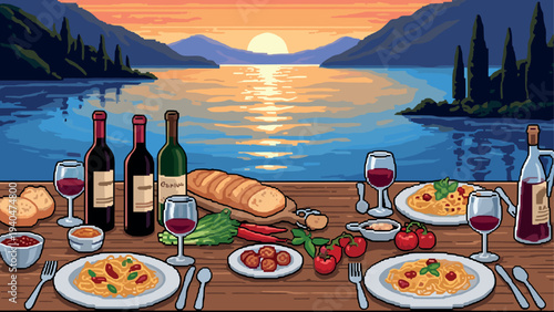 Pixel art sunset dinner by the lake with wine and pasta