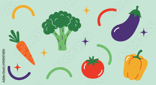 Vibrant Assortment of Fresh Vegetables and Whimsical Shapes on a Light Green Background